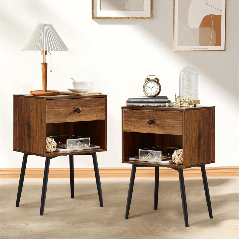 Mid Century Modern Bedside Table, Nightstands with Storage Drawer and 2 Tiers Open Shelf, Side End Table With Stable Metal Frame for Small Place, Bedroom, Living Room