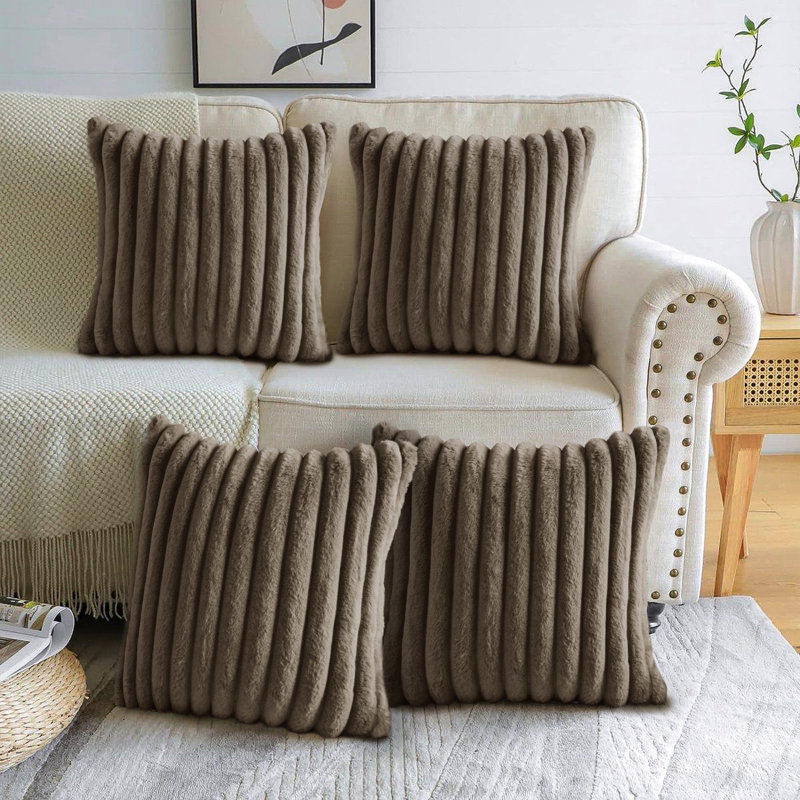 Decorative Compression Light Brown Faux Rabbit Fur Flannel Square Throw Pillow Covers With Inserts, Light Brown