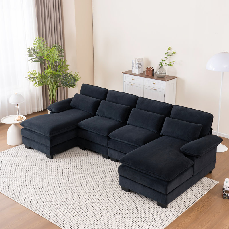 Canapé modulaire rembourré en U 111,8 po Balendin, Velours noir nuage
