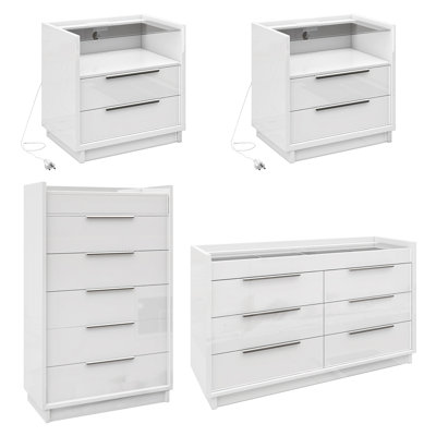 Ensemble de chambre à coucher 4 pièces avec commode et table de chevet ultrabrillantes, blanc