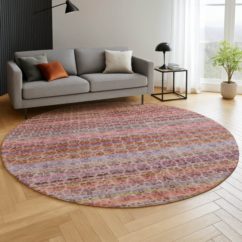 Premium Machine Washable Mayfield AMF2155 Striped Rug, Pink, Round 8' 