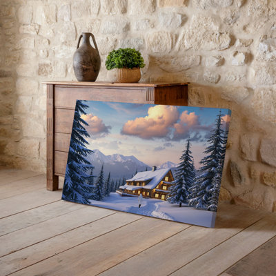 Canvas A Cozy Wooden Chalet Nestled In A Serene Winter Landscape Wall Art Surrounded By Tall Evergreen Trees Dusted With Fresh Snow Canvas Wall Art