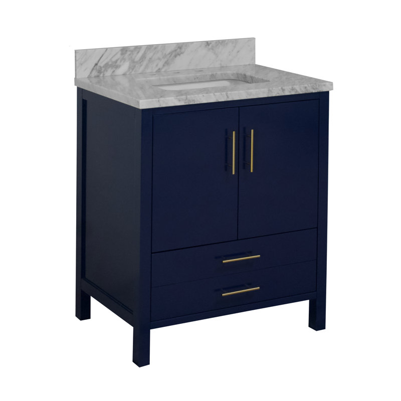 Ensemble de meuble-lavabo simple 30 po Kiara, Bleu royal, Marbre de Carrare