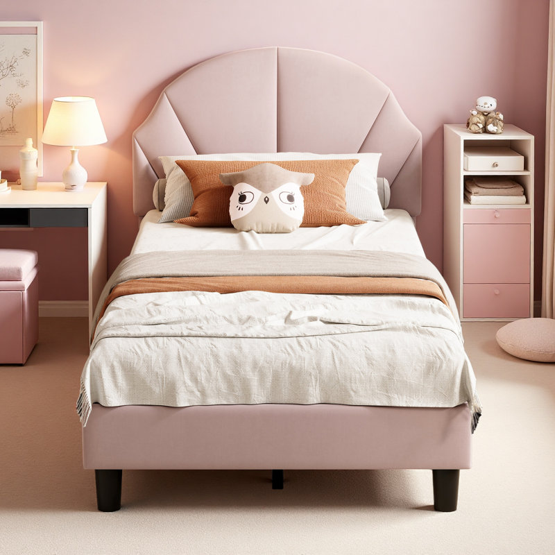 Upholstered Bed Frame with Adjustable Shell Headboard, Velvet, Single (3'), Pink