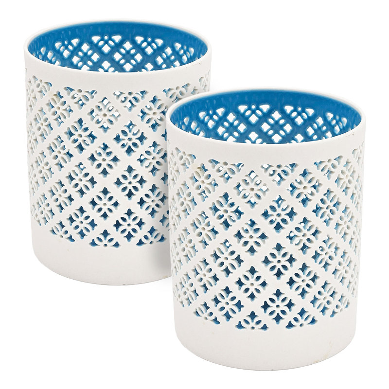 White and Blue Ceramic Decorative Candle Holders - Set of 2
