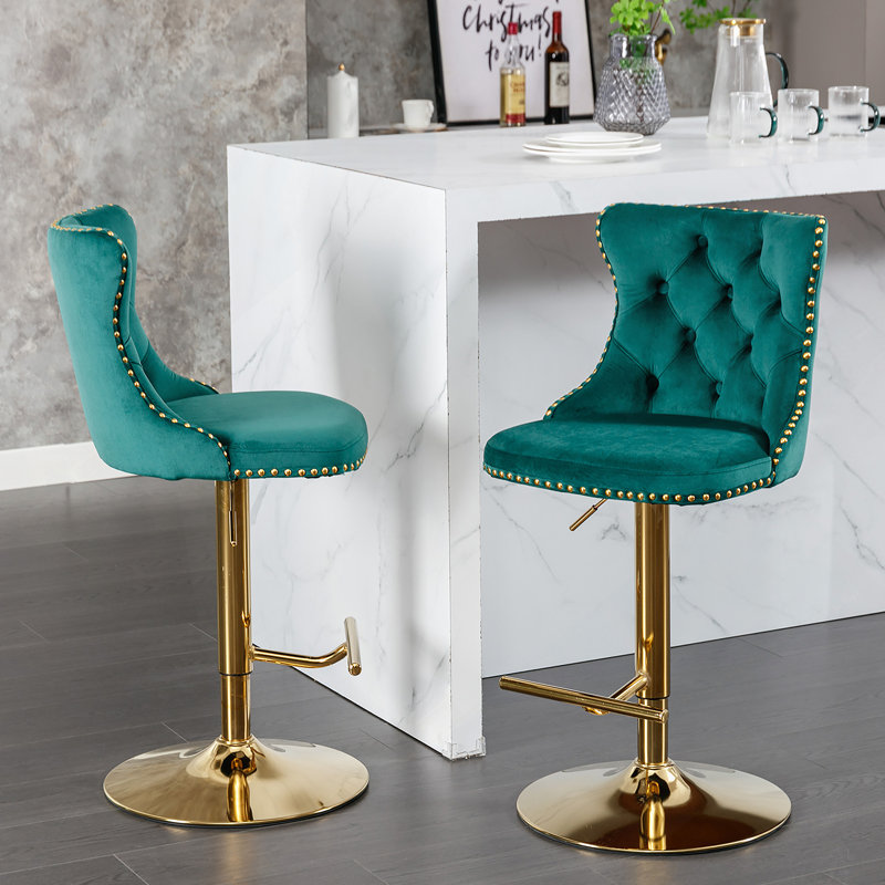 Tabourets de bar réglables en velours avec base pivotante dorée, ensemble de 2, Siège vert / cadre doré