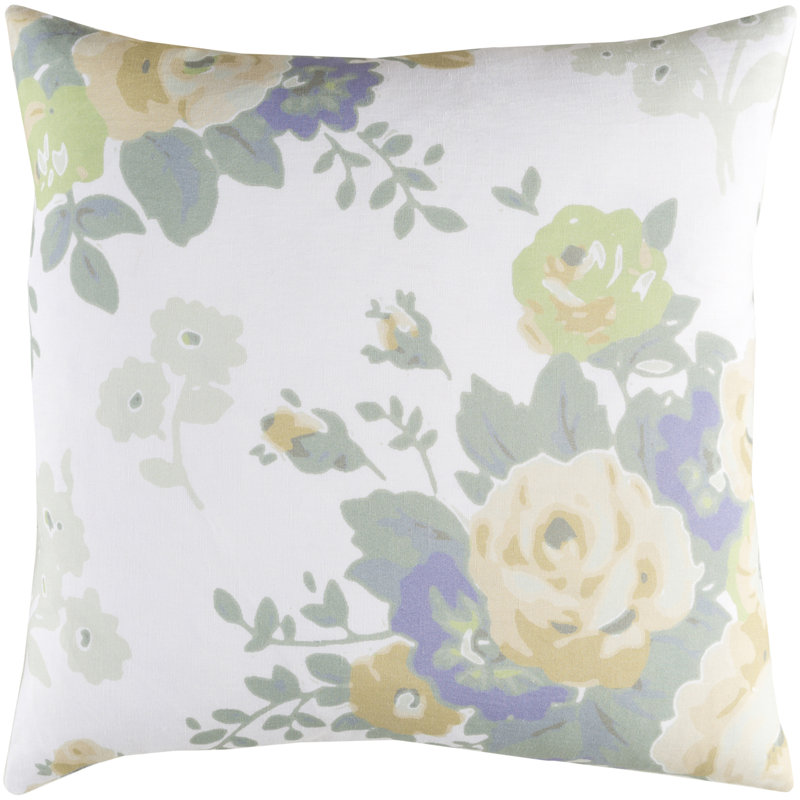 Kalena Floral Linen Reversible Throw Pillow, 20" H x 20" W x 3.5" D, Down Fill, White/Yellow