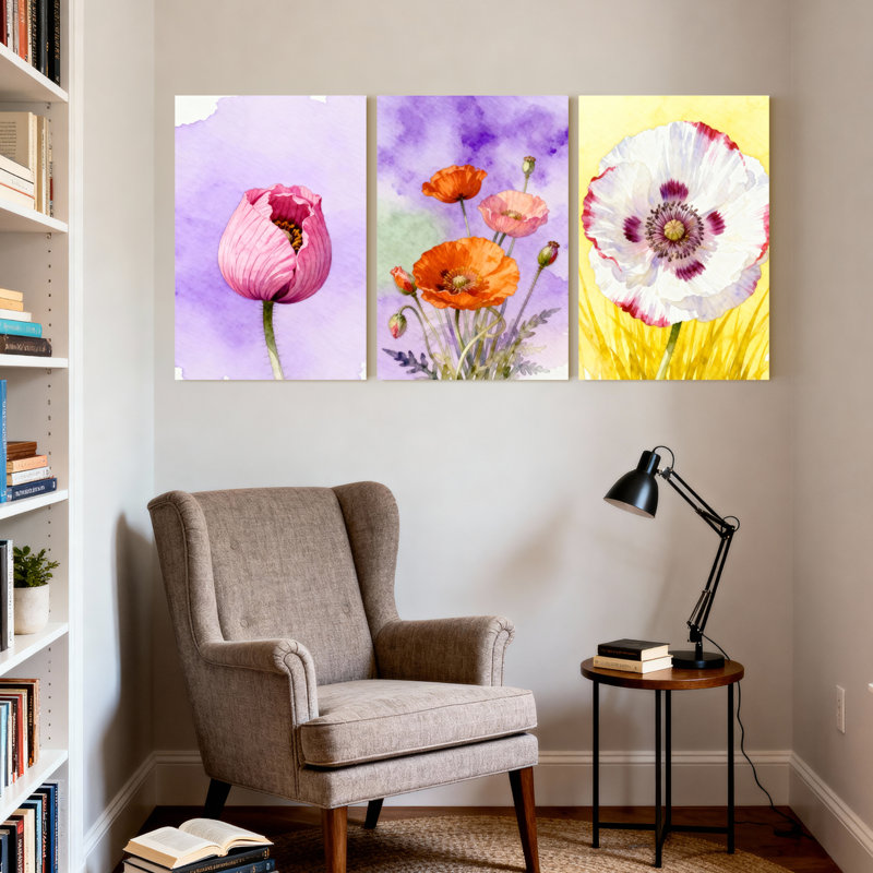 Fleurs de coquelicot, impression sur toile, ensemble de 3 reproductions d'art sur toile, H 24 po x l 48 po