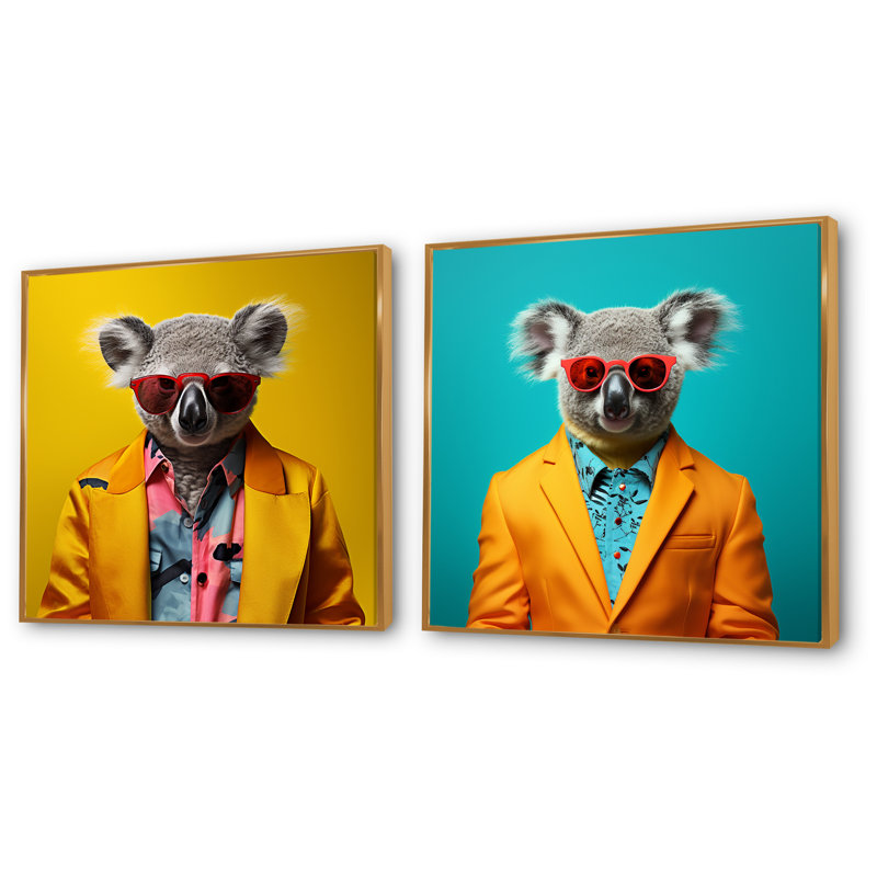 Ensemble de 2 décorations murales jaunes Koala I - Koala, Cadre flottant doré, H 16 po x l 33 po x P 1 po