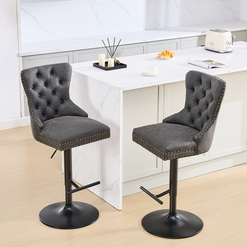 Cuir d'unité centrale avec hauteur réglable, dossier confortable pour îlot de cuisine de pub olive, 2 chaises, Noir