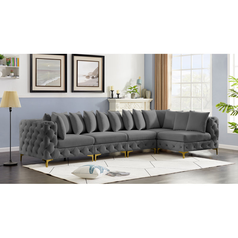 Iyeshia Velvet L-Shaped Sectional Reversible, Grey Velvet
