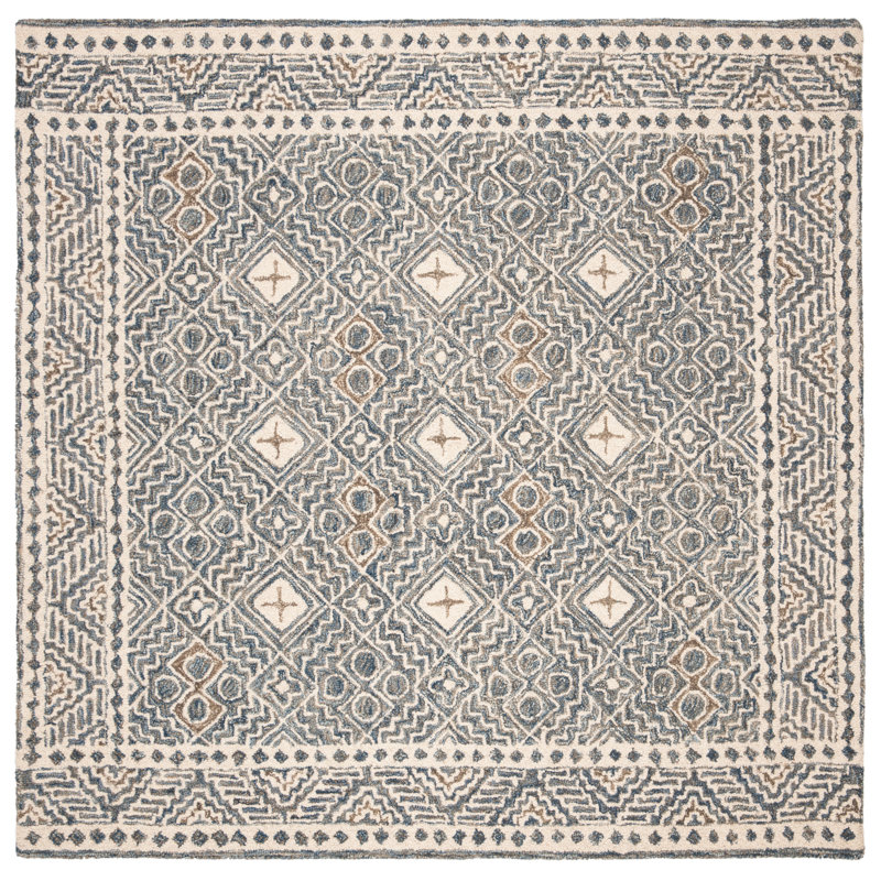 Tapis en laine / coton touffeté à la main Devoe - ivoire / bleu, Carré 5 pi