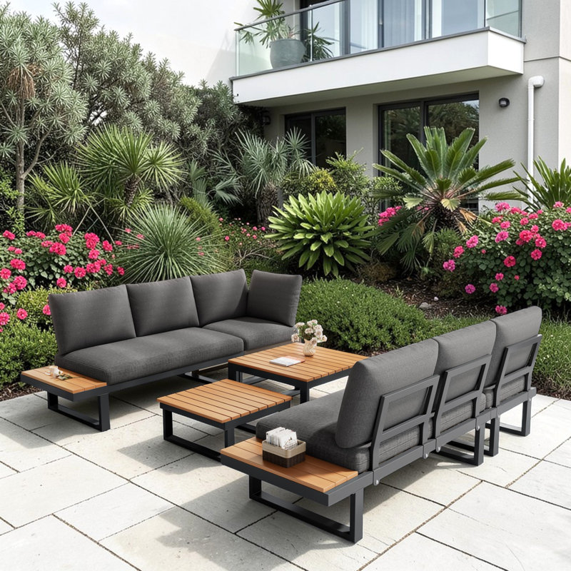 Rynley 252cm Wide L-Shaped Patio Sectional Set, Grey Cushion/Black Frame