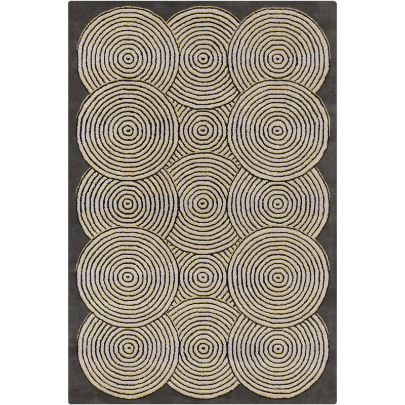 Tapis en laine à motif de cercles concentriques modernes gris, crème, jaune et noir Stella, 5 pi x 7 pi 6 po