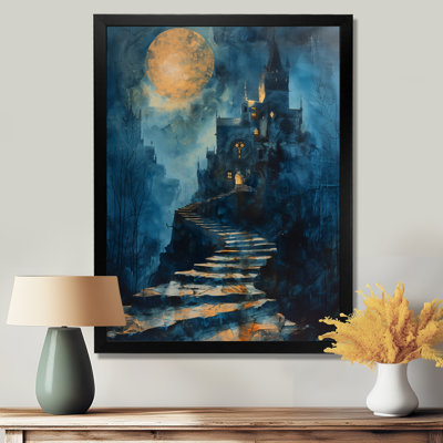 Orange, bleu, hiver, clair de lune, entrepôt, chateau, chateaux, salon, art mural