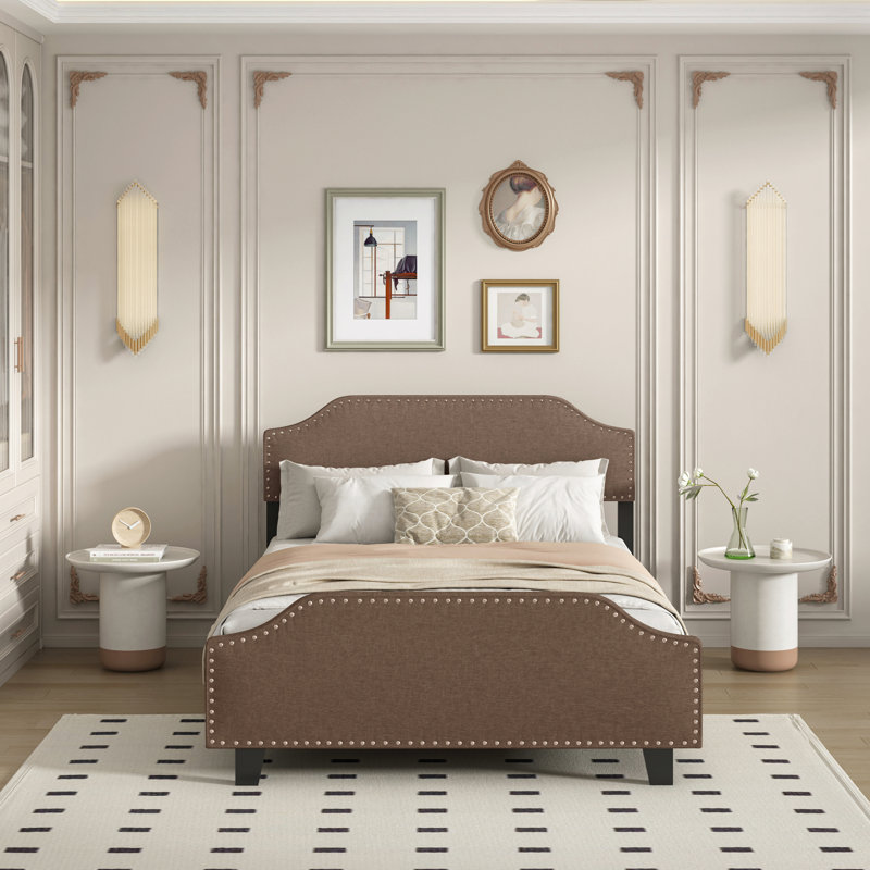 Upholstered Linen Queen Bed Frame, Platform Bed With Curved Shape Headboard And Footboard, Metal Frame With Wood Slat Support, Headboard Height Adjustable, No Box Spring Needed,  Chocolate