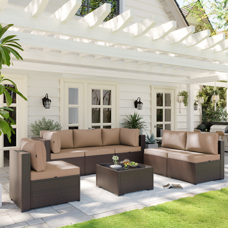 7-pieces Outdoor Rattan Wicker Sectional Seating Group With Cushions, Beige Cushion/Brown Frame