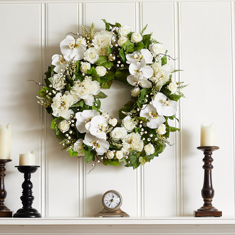 Couronne de pivoine blanche et rose en soie, H 26 po x l 26 po x P 6 po