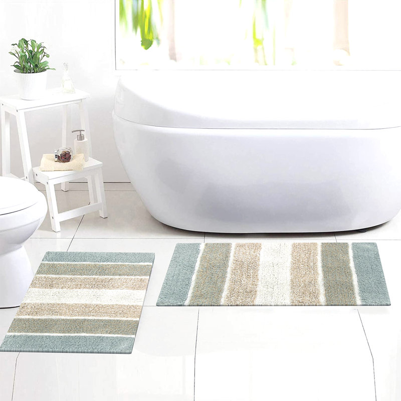 Cervantes 100% Cotton Non-Slip Bath Rug, Gray/White, 21''x34''/17''x24''