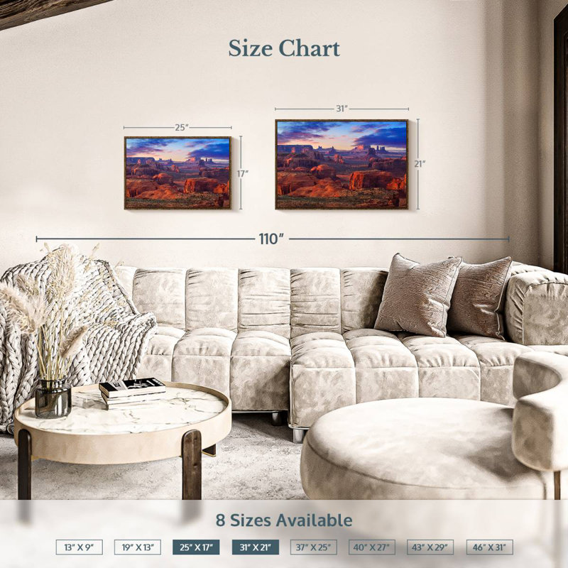 Hunts Mesa Monument Valley Sunset, 25 po x 17 po, Cadre flottant noyer