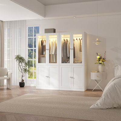 74.8" H 2-glass Door Wardrobe Armoire, Wardrobe Closet With Smart Led Light, Hanging Bar, And 2 Storage Shelves (set Of 2)