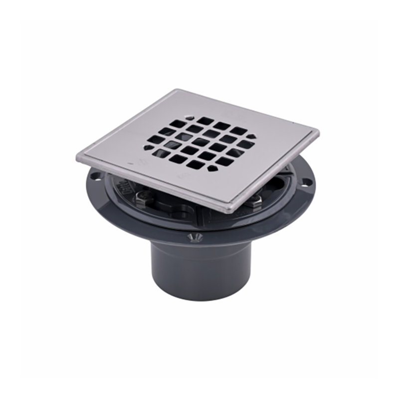 Drain carré en PVC 2 po à bas profil et crépine encliquetable en acier inoxydable poli avec anneau
