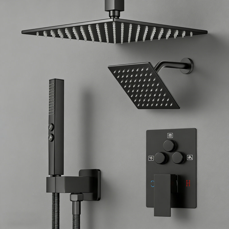 Ceiling Mount 10 Inch Shower Head With Wall Mount 6 Inch Shower Head And 2 In 1 Handheld Spray, Black