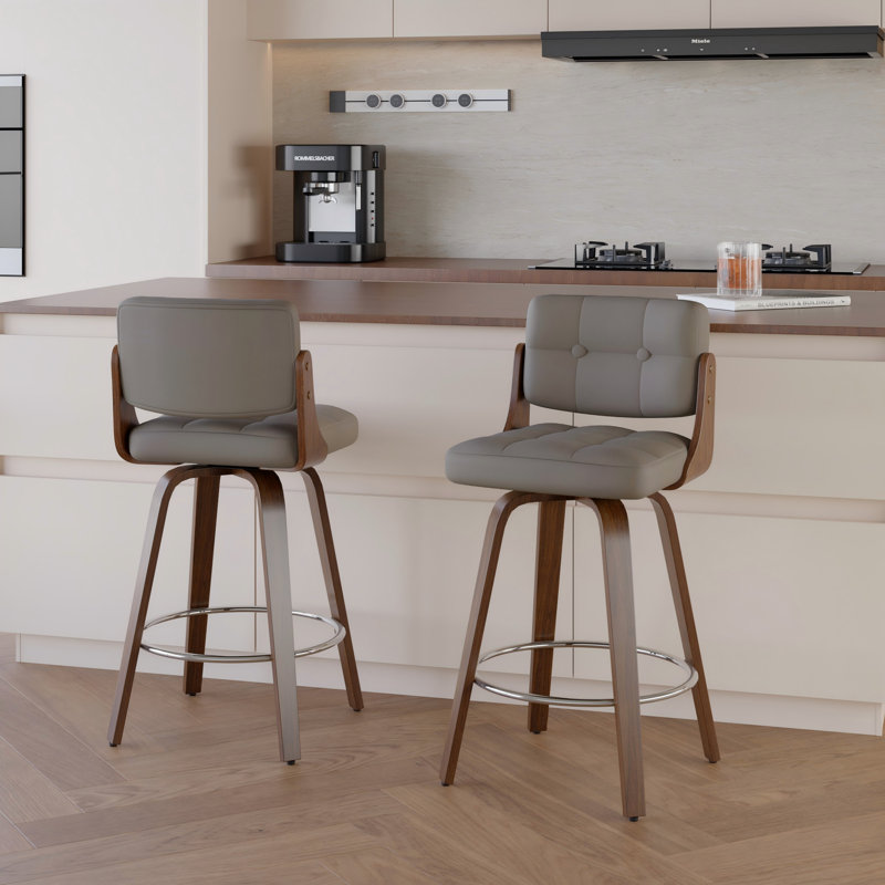 Modern 26" Swivel Leather Counter Stool Upholstered Seat With Sturdy Wood Frame, Gray