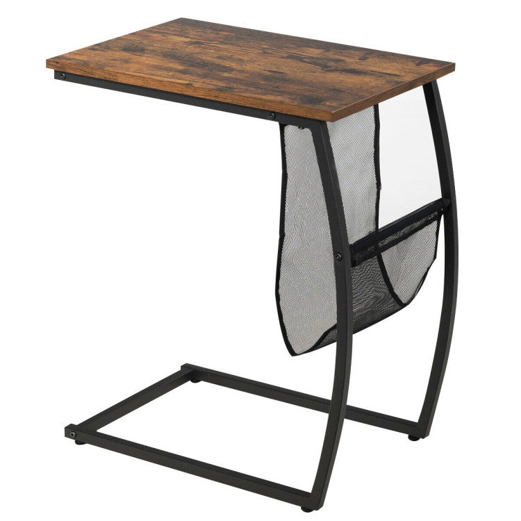 Table de bout rétro en forme de C avec poche latérale et structure en métal, brun rustique