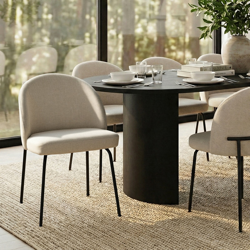 9 - Piece Modern Dining Set With 79" Oval Pedestal Table & 8 Upholstered Curved-Back Chairs, Beige