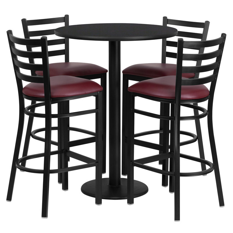 Ensemble de table ronde en stratifié 30 "avec base ronde et 4 tabourets de bar en métal Aniket, Similicuir noir, Bourgogne