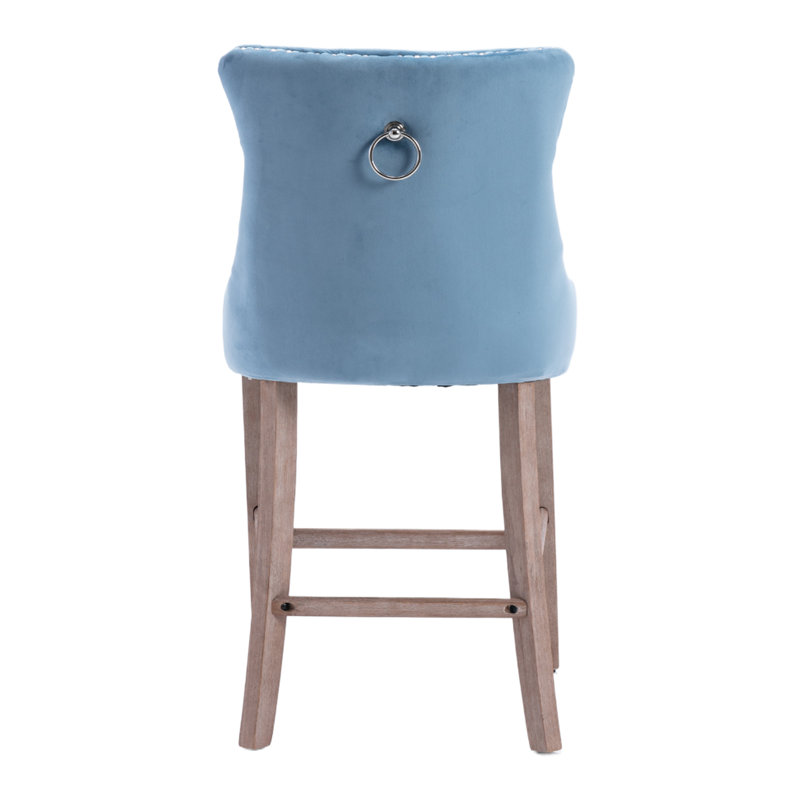 Sky Blue Velvet Upholstered Counter Stools with Wood Legs, Set of 4