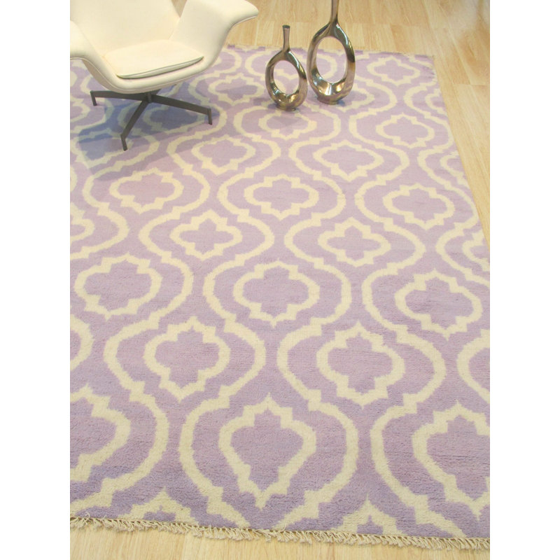 Purple Hand-Knotted Wool Ogee Lattice Geometric Modern Contemporary Carpet Rug, 9' x 12'