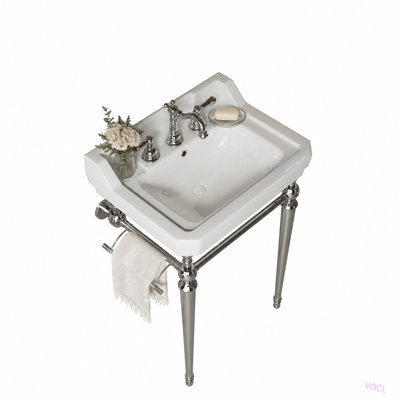 Console de lavabo de salle de bain de 58 cm (23 po), lavabo mural en céramique avec 3 trous prépercés pour robinetterie, pieds de support autoportants en acier inoxydable avec porte-serviettes, robinetterie et couvercle de lavabo non inclus.