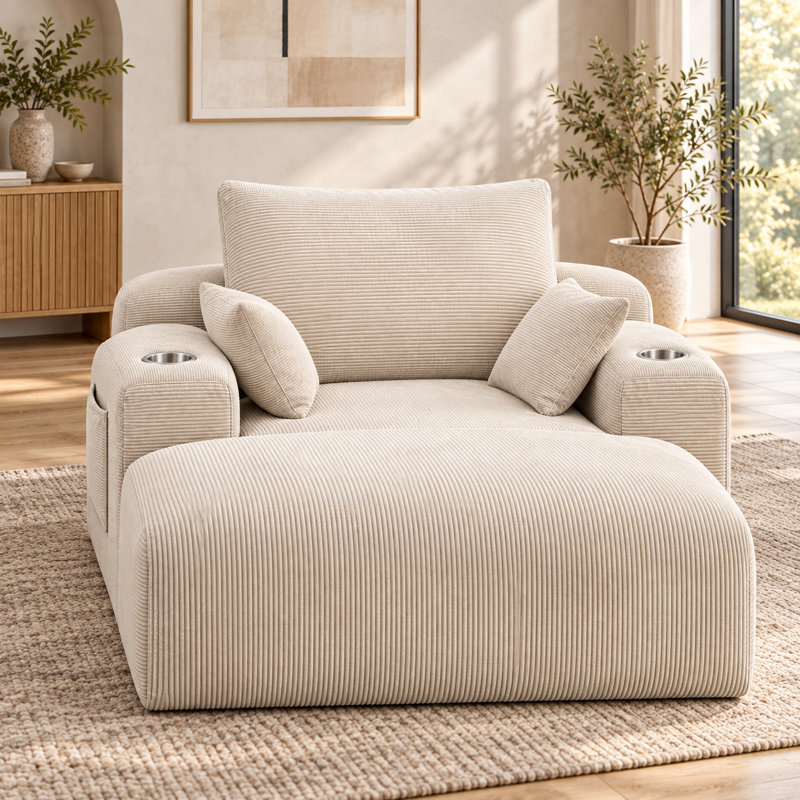 Chaise longue surdimensionnée Velquorisse de 182 cm (71,7 po) en velours côtelé avec deux porte-gobelets, une poche de rangement, des coussins et aucun assemblage requis