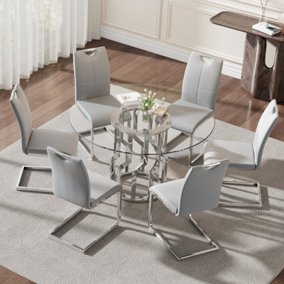 47.2" Round Glass Dining Table Set For 6, Modern 7 Piece Kitchen Table Set With Silver Stainless Steel Base & 6 PU Leather Accent Chairs, Saving Space, Dining Set For Apartment, Home - Grey Chair