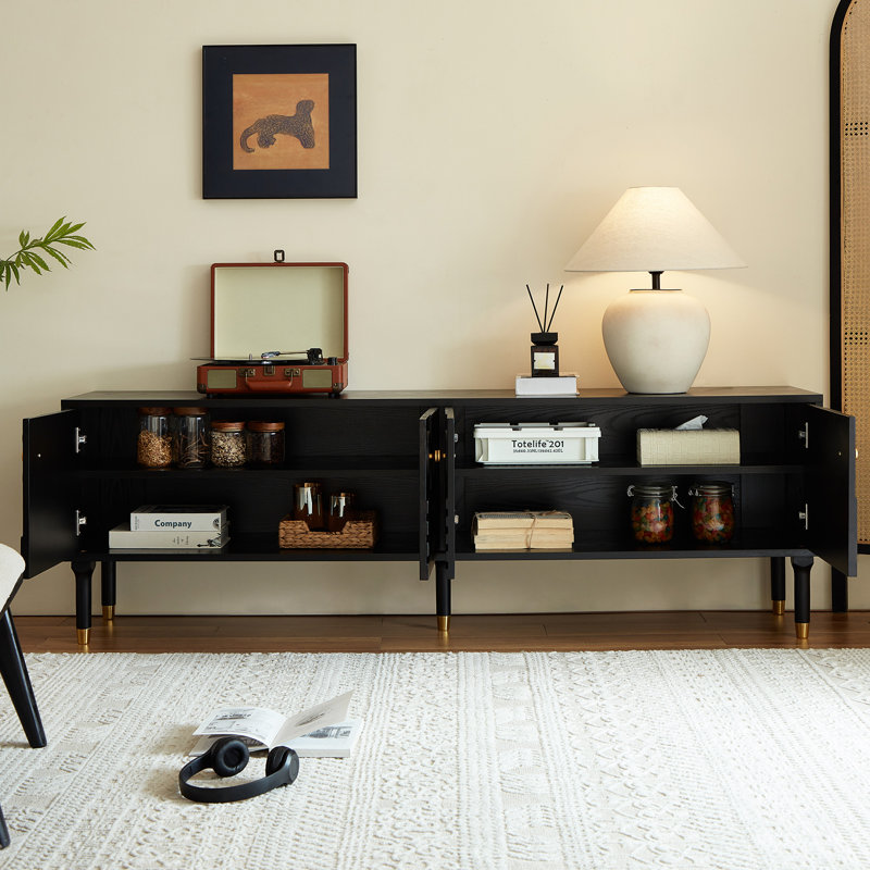  66.9 inches Medieval Modern Carved Entertainment Center TV Cabinet - Features four storage cabinets, accommodates TVs 55 inches and larger, minimalist design elevates living room style，Black (Width: 66.9 inches)