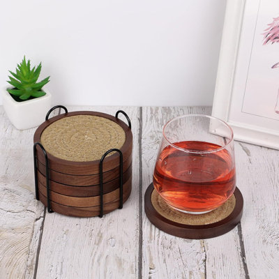 Ensemble de 6 sous-verres en bois pour boissons avec insertions en coton, sous-verres en bois avec support pour table basse, sous-verres absorbants pour les types de tasses