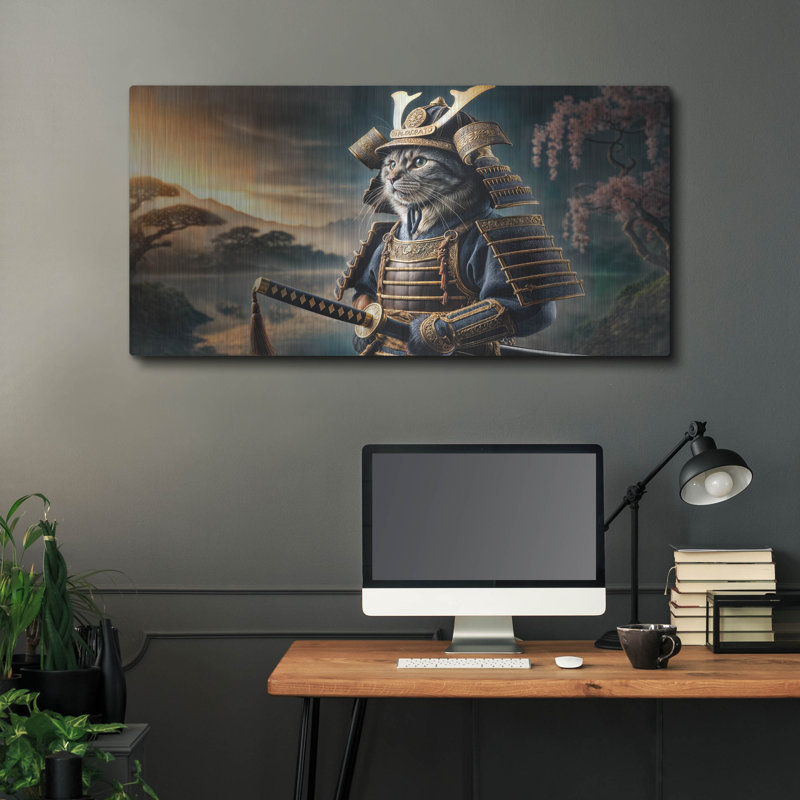 «Cat Samurai» par Rey Klimt, art mural en métal, H 24 po x l 48 po