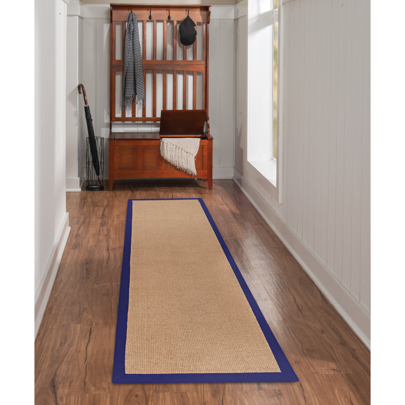 Nannette Handmade Dark Beige Berber with Navy Blue Cotton Border Made in the USA Area Rug, Runner 2'6" x 8'