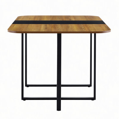 Table moderne à double texture - panneau de fibres à densité moyenne avec marbre et papier laqué à motif de bois, structure en métal noir robuste, table multi-usage 4 à 6 places pour la cuisine / coin repas / bureau à domicile