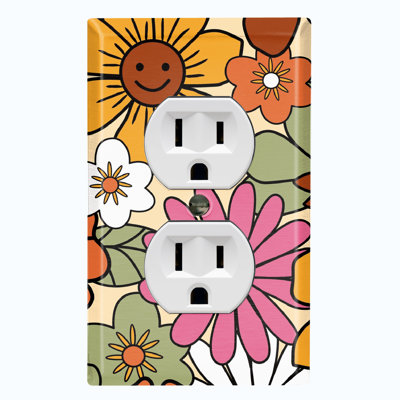 Metal Light Switch Plate Outlet Cover (Groovy Sun Flower Happy Face Biege - Single Duplex)