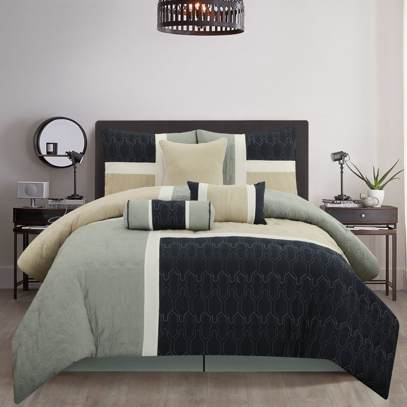Navy and Grey Microfiber Queen 7-Piece Comforter Set