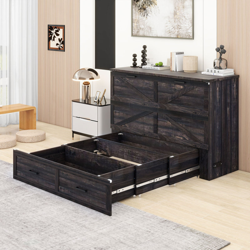 Lit escamotable à deux tiroirs avec station de charge et ports USB, Grand, Rustic Grey