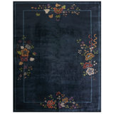 Navy Blue Color Field Antique Floral Pattern Chinese Deco Rug