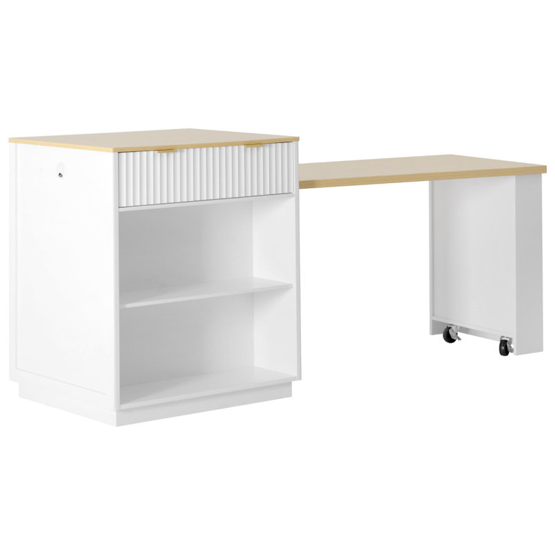 Îlot de cuisine cannelé avec table de salle à manger extensible pour 4 à 6 personnes 82,6 po K&K, White
