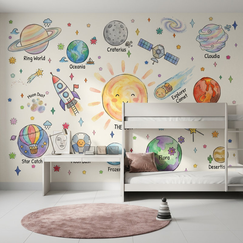 Space Wallpaper Planets Removable Sun Wall Decor, 120"x96", Peel and Stick