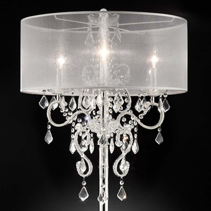 Grande lampe de table 35 "Evangelia", finition argentée et accents de cristal, abat-jour transparent