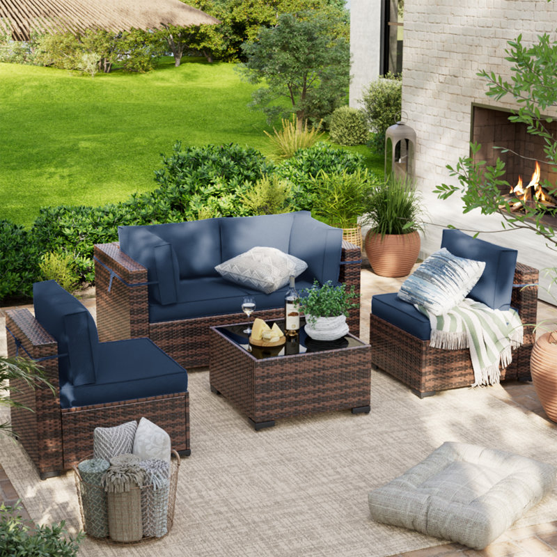 Wicker 4 - Person Modular Patio Conversation Set with Cushions, Navy Blue