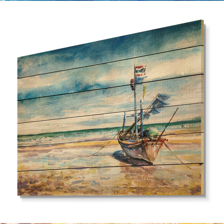 Designart 'Fishing Boat in Tropical Ocean' Nautical & Coastal Wood Wall Art Décor - Natural Pine Wood - 20 in. Wide x 12 in. High